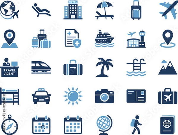 Fototapeta Travel icon set, tourism symbols, vacation graphics, transportation visuals, hotel and passport, blue theme, global journey, trip planner
