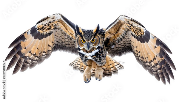 Fototapeta Majestic owl flying with wings spread wide, captured mid-air in sharp detail, showcasing wildlife beauty, freedom, and natural movement in a dramatic outdoor scene.