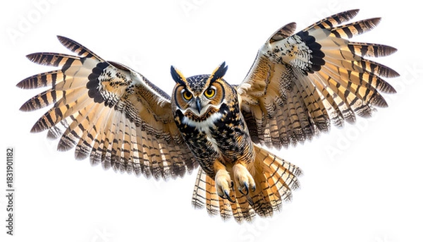 Fototapeta Majestic owl flying with wings spread wide, captured mid-air in sharp detail, showcasing wildlife beauty, freedom, and natural movement in a dramatic outdoor scene.