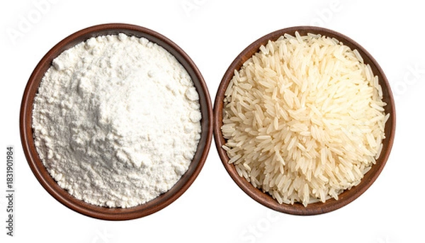 Fototapeta Close-up of rice grains and fine rice flour on a clean surface, highlighting natural ingredients, gluten-free food, and essential staples for cooking and baking.