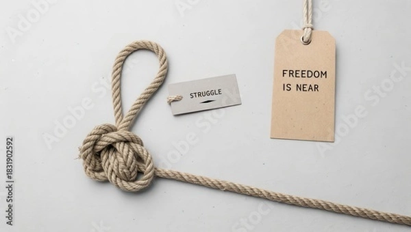 Fototapeta Rope with a knot and tags symbolizing freedom