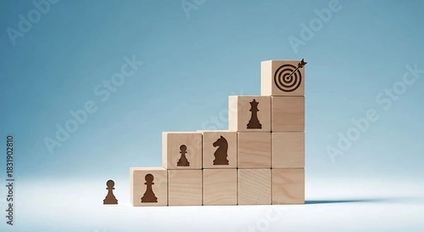 Fototapeta Wooden blocks arranged in a staircase formation, symbolizing career advancement and strategic planning towards achieving a target