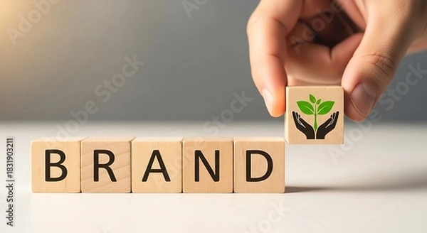 Fototapeta Hand placing wooden block with plant icon to complete the word brand on table, symbolizing ecofriendly and sustainable business practices