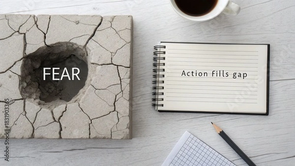 Fototapeta Stone block with dark hole and Action fills text on notebook