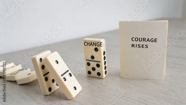 Fototapeta Upright domino with CHANGE title about to fall in studio light