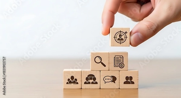Fototapeta Hand placing a wooden block with target icon on top of a pyramid of blocks representing business goals and objectives