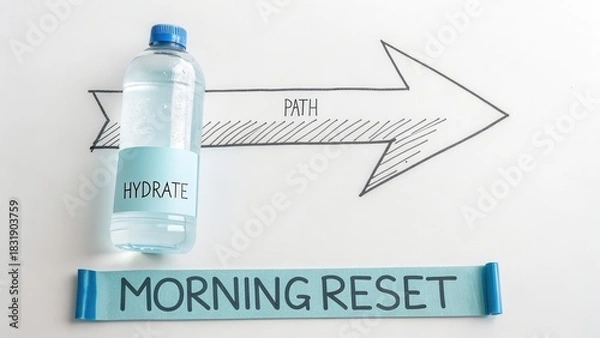 Fototapeta Water bottle and arrow indicating path for morning reset