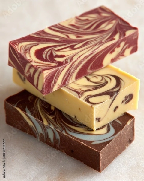 Fototapeta Three chocolate bars with swirled patterns and visible marbling