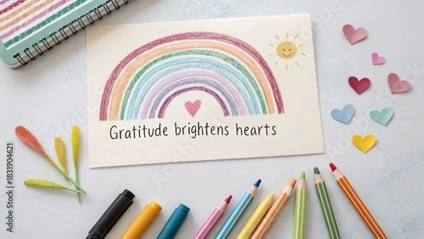 Fototapeta A rainbow sketch with gratitude message and art supplies