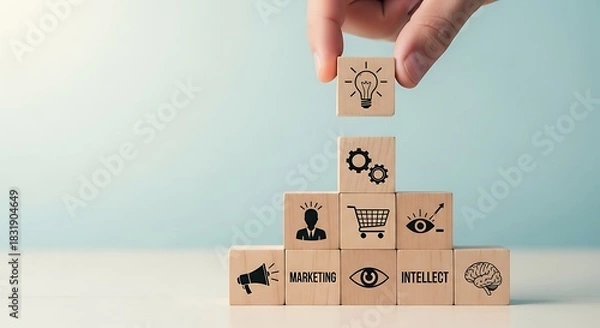 Fototapeta Hand placing wooden block with light bulb icon on top of pyramid of blocks representing business ideas and intellect