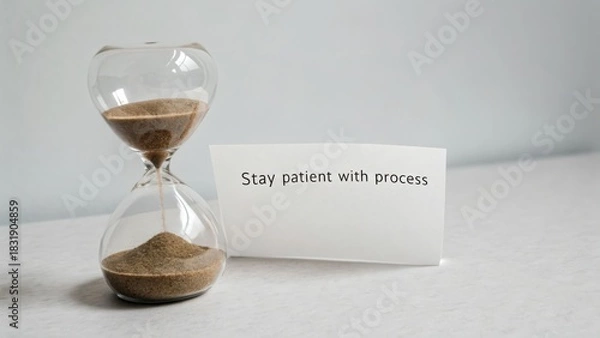 Fototapeta An hourglass with sand halfway through and a message of patience