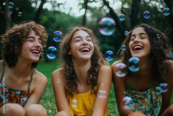 Obraz AI Generated - Three young girls sitting on the grass, smiling and playing with soap bubbles. Professional stock photography. Stock photo. High-resolution. High-res. Premium quality. Premium.