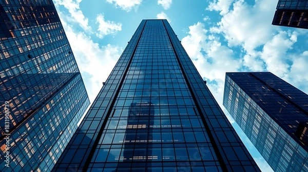 Obraz A photorealistic architectural rendering of a modern glass skyscraper, reflecting the city lights and clouds, sharp lines and polished surfaces dominating the frame