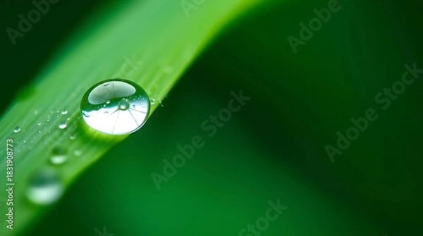 Obraz Ultra-realistic, a single dewdrop on a green leaf, intricate light refractions, macro photography, shallow depth of field, verdant tones