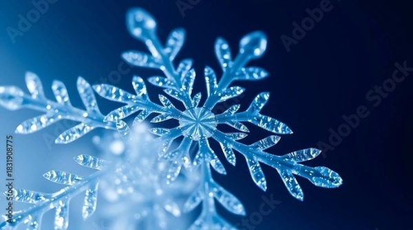 Obraz Ultra-realistic, a macro view of a snowflake, crystalline structure, icy blues and whites, sharp focus, isolated subject