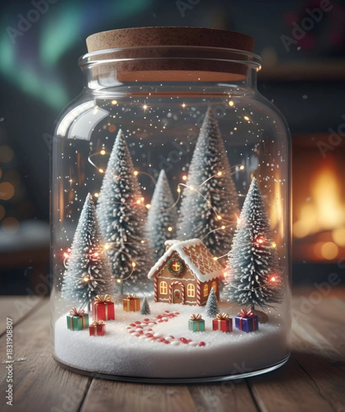Fototapeta Magical Christmas Snow Globe Jar with Gingerbread House, Pine Trees, and Sparkling Fairy Lights on a Wooden Table