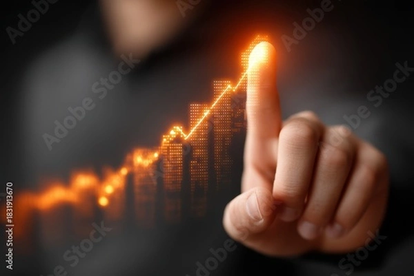 Obraz Hand touches glowing digital chart with an upward trend, symbolizing growth and success in a fast-moving market