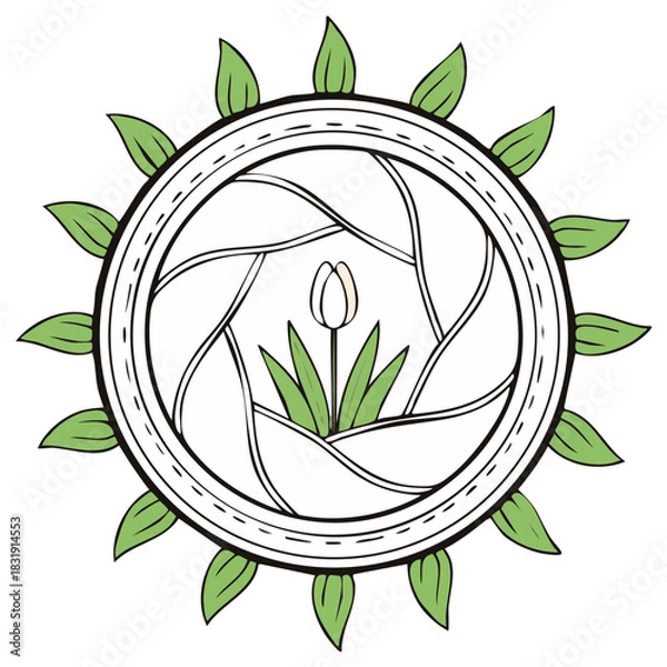 Fototapeta Nature photography logo concept with a camera shutter focusing on a spring tulip surrounded by green leaves