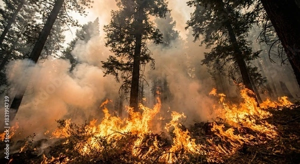 Obraz Raging Forest Fire Devouring Trees And Undergrowth With Intense Flames And Hazardous Smoke