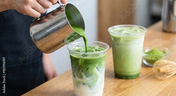 Obraz Barista pours vibrant green matcha into a refreshing iced latte for a healthy drink
