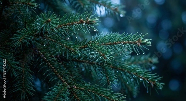 Obraz Beautiful green pine tree branches covered in fresh sparkling raindrops after a refreshing morning rain
