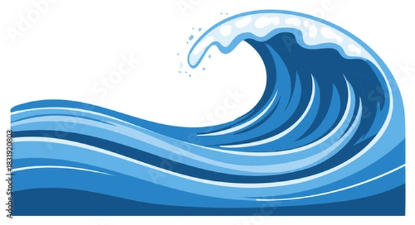 Fototapeta Dynamic blue ocean wave illustration with crashing foam, stylized water drawing graphic