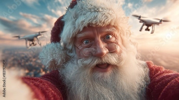 Obraz Santa Claus taking a selfie with drones delivering gifts, a fun holiday season scene that captures the Christmas spirit with technology and sky