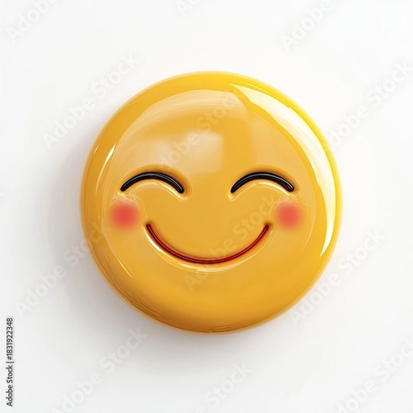 Fototapeta Round, yellow emoticon with a happy, blushing face