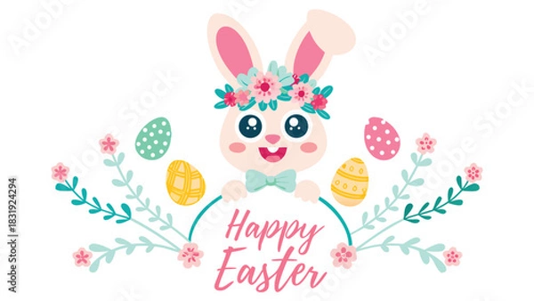Fototapeta Cute cartoon easter bunny wearing a flower crown and bow tie surrounded by decorative branches and colorful easter eggs with the words happy easter written in a playful font
