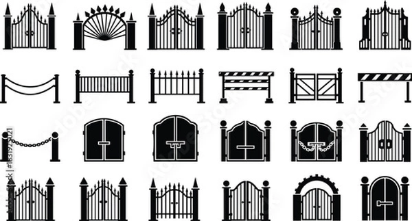 Fototapeta Black gate and fence silhouette icons, wrought iron, wooden, industrial, decorative, barrier, railing, urban design, architecture, security, entryway, vector set