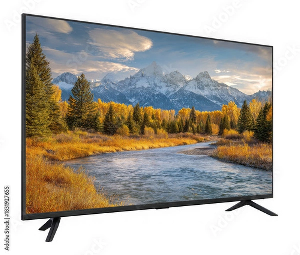 Fototapeta Modern smart television displaying stunning autumn mountain landscape nature scene isolated on a transparent background