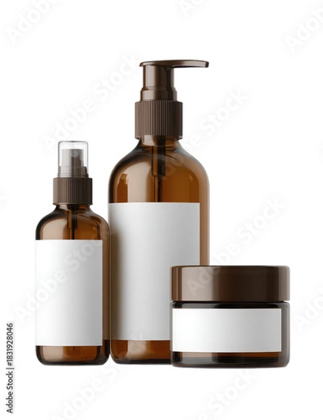 Obraz Elegant amber glass cosmetic bottles with blank labels for your brand advertising isolated on a transparent background