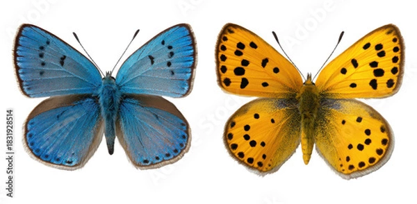 Fototapeta Stunning blue and vibrant orange butterfly duo, perfect for nature or design projects isolated on a transparent background