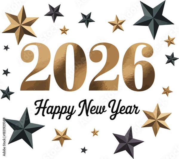 Fototapeta Metallic gold 2026 Happy New Year vector with elegant fonts, festive stars, and decorative celebratory border design.
