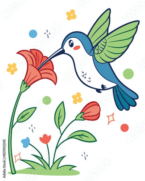 Obraz Colorful Hummingbird Drinking Nectar from Flower – Vector Illustration