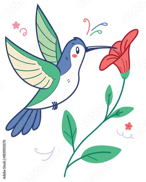 Obraz Colorful Hummingbird Drinking Nectar from Flower – Vector Illustration