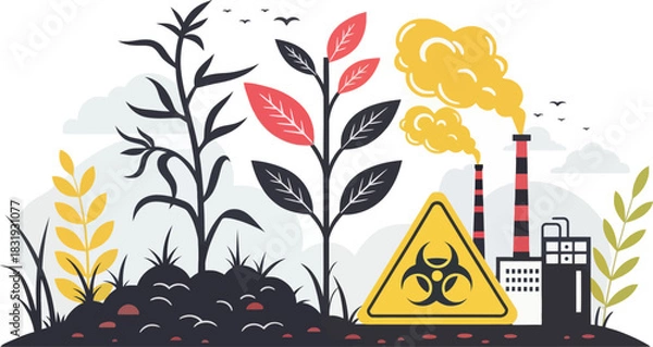 Obraz Polluted soil affecting dying plants in an environmental scene