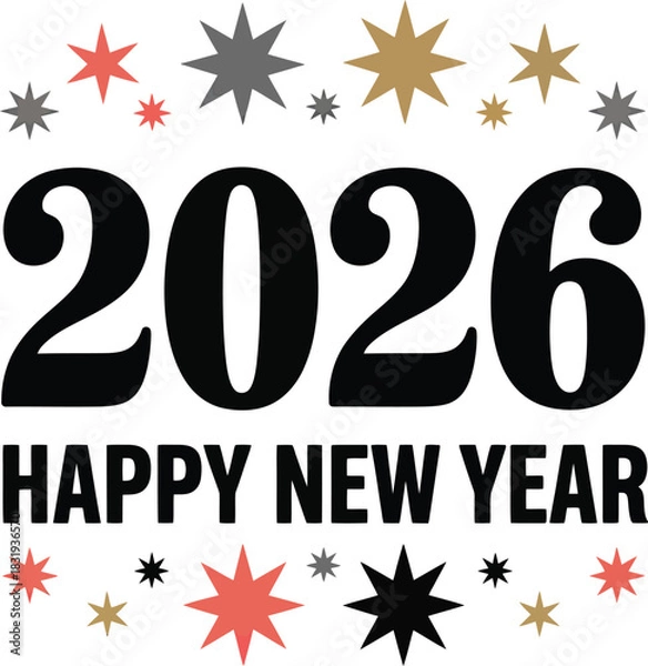 Fototapeta Colorful Happy New Year 2026 vector with bold white text, multicolor starbursts, and festive celebratory design.