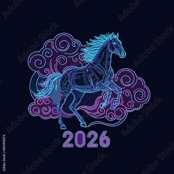 Fototapeta Year of the Horse 2026 Neon Futuristic Design with Clouds
