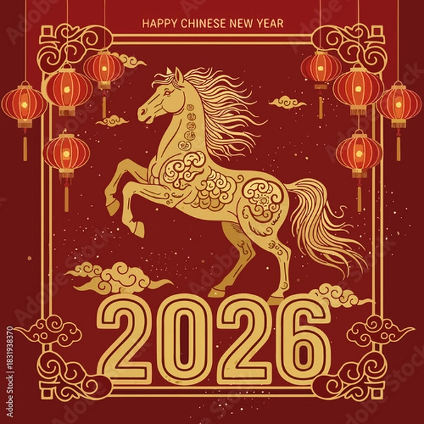 Fototapeta Celebrate the Year of the Horse in 2026 A Festive Chinese New Year Illustration with Lanterns