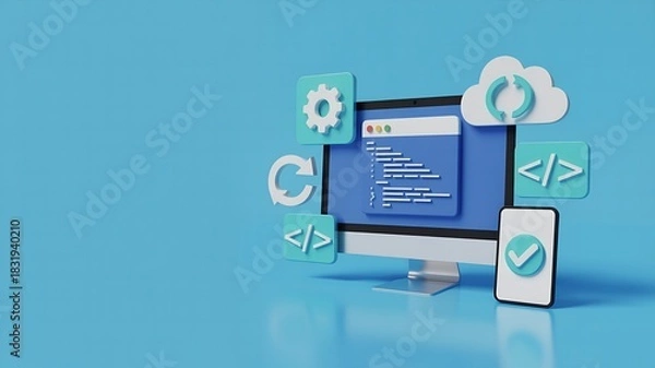 Fototapeta 3D rendering of a computer and smartphone with software development icons representing coding programming and app development on a blue background