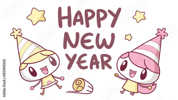 Fototapeta Two cartoon characters celebrating happy new year with party hats and stars in a festive illustration
