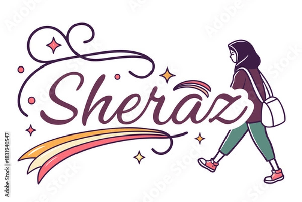 Fototapeta Illustration of a woman in hijab walking with a bag next to the word sheraz with stars and a comet