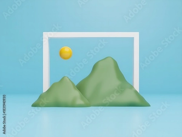 Fototapeta Minimalist 3D rendering of mountains and sun in a white frame simple geometric shapes against a blue background creating a serene landscape concept