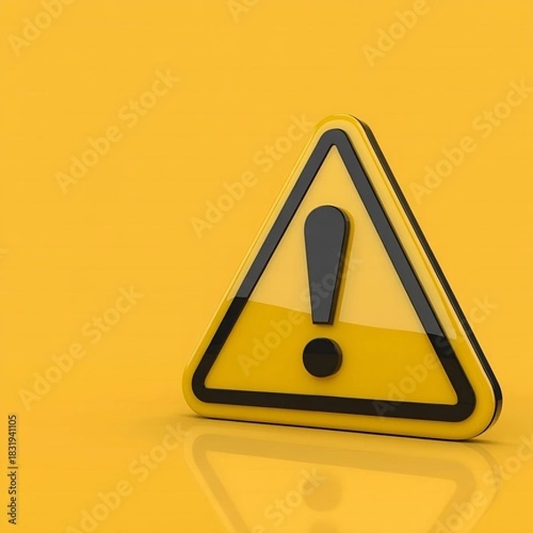 Fototapeta Yellow warning sign with exclamation mark a simple 3D rendering for attention and caution isolated on yellow background