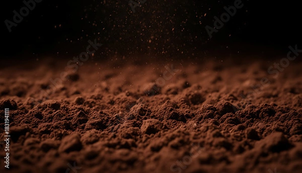 Obraz Macro view of cocoa powder with a dark background, showing texture and detail for cooking and baking concepts