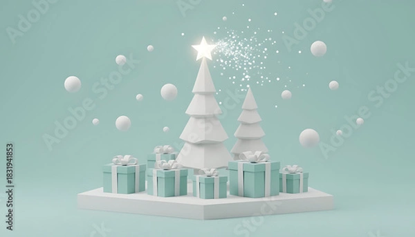 Obraz Festive Christmas scene with a decorated tree, gifts, and floating snow for the holidays