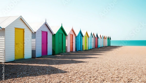 Obraz Colorful Beach Huts Lined Up on a Sandy Shore, Seaside Vacation Scene