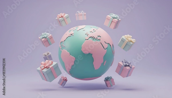Obraz Global gifts concept with earth globe and floating presents in pastel colors.