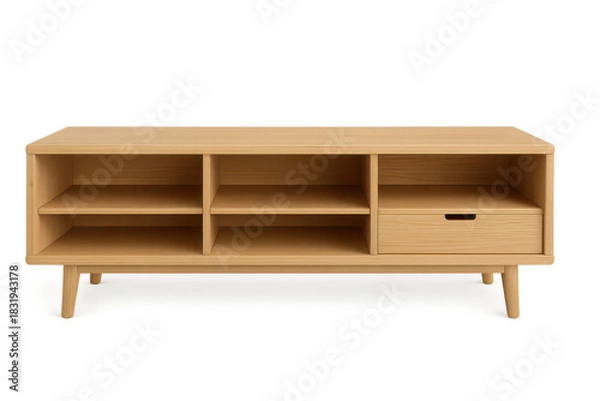 Fototapeta Modern wooden TV stand with storage on transparent background, isolated unit